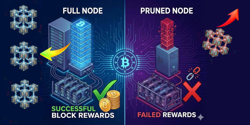 Comparison diagram showing a successful Bitcoin block reward on a Full Node vs a failed reward on a Pruned Node with mining hardware.