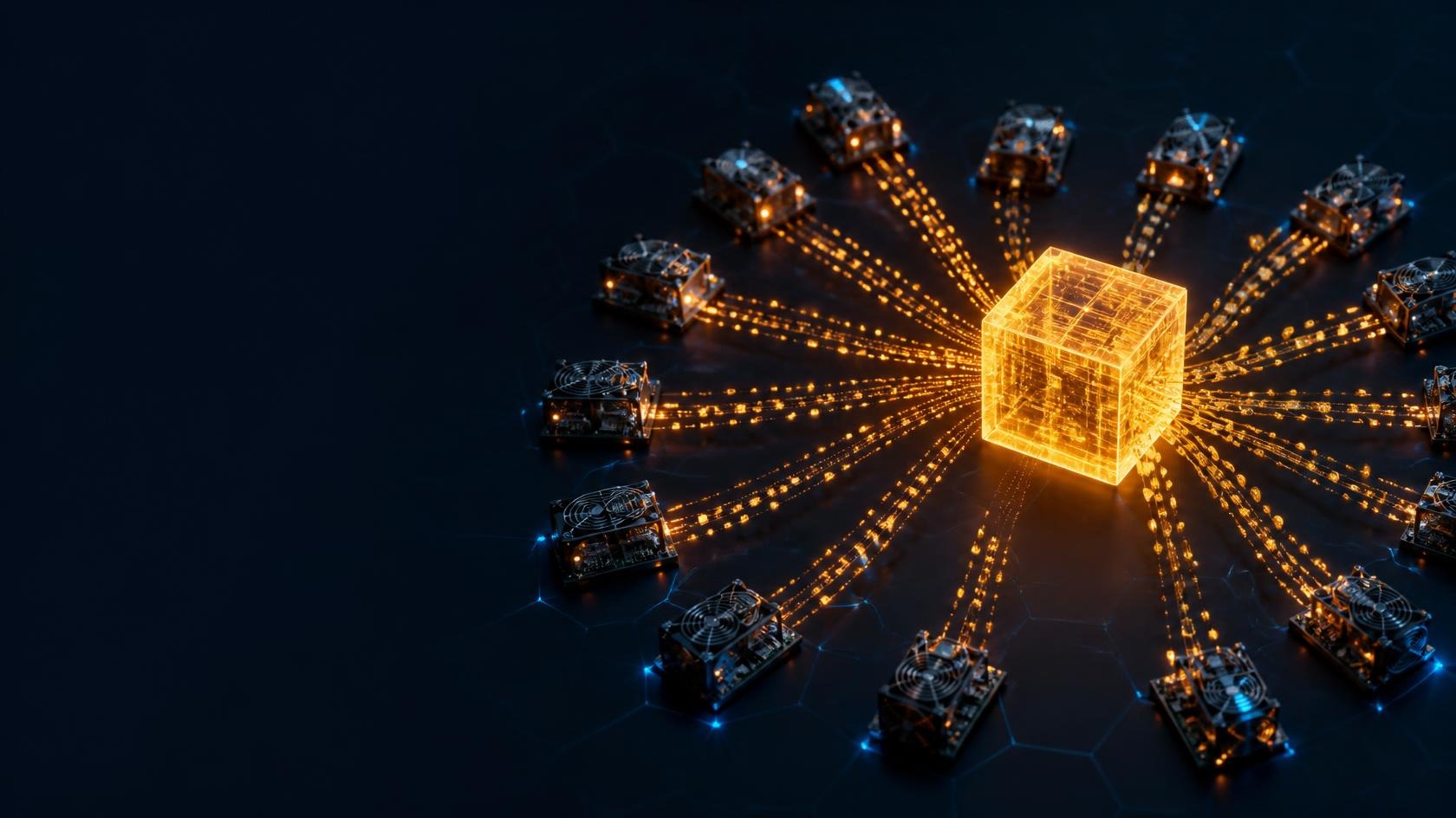 Many small Bitcoin miners sending shares into one shared pool block
